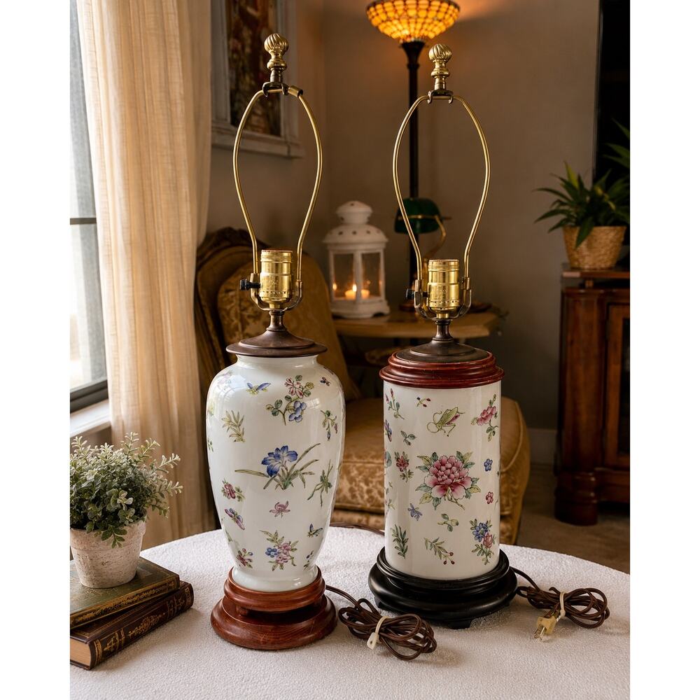 Antique Pair Porcelain Cylindrical Table hand-painted floral wood base